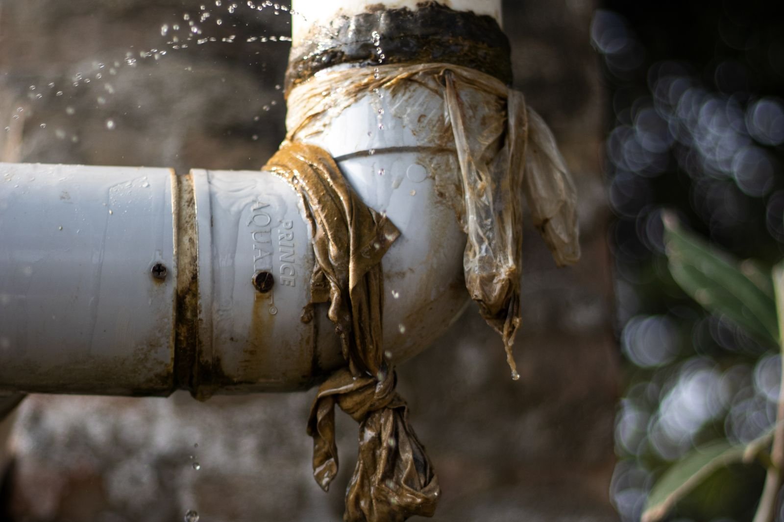 Close-up of a white PVC pipe joint wrapped in stained tape, spraying a fine leak of water